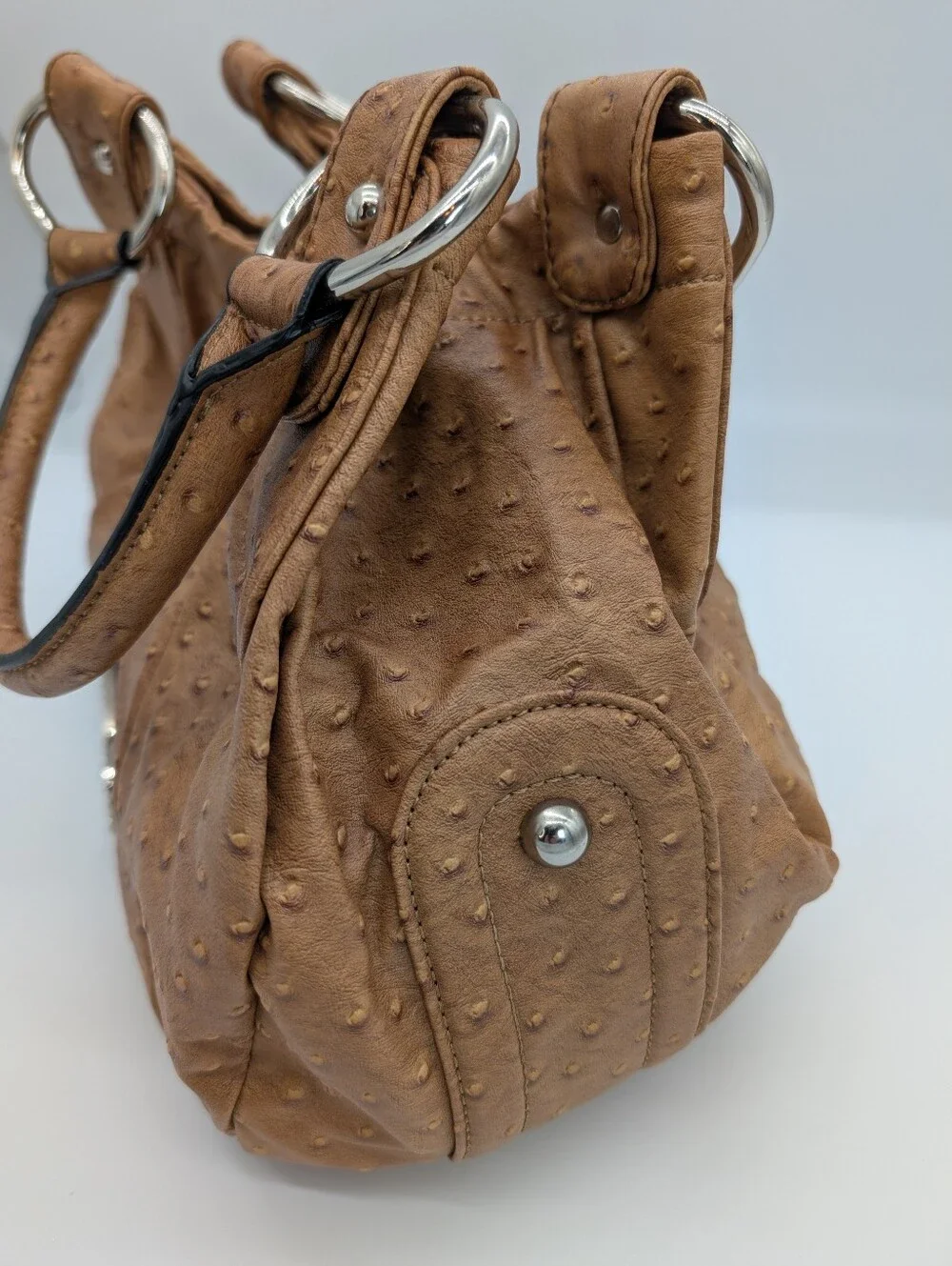 GUESS Faux Ostrich Embossed Leather Hobo Bag Tote Vintage Y2K Rhinestone G Logo